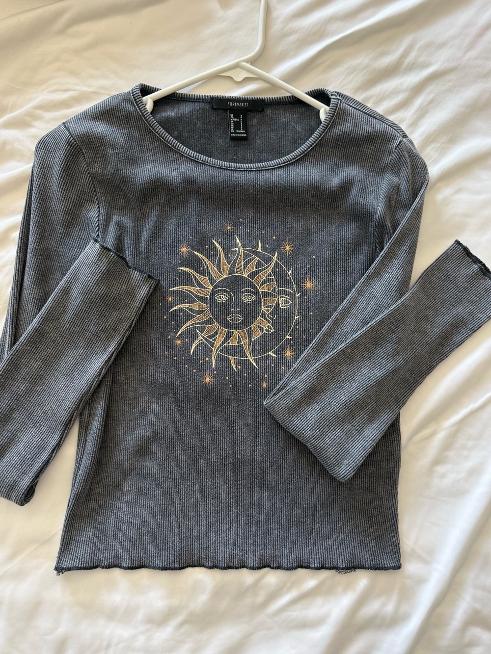 Forever 21 Charcoal Ribbed Long-Sleeve Top with Gold Sun Graphic